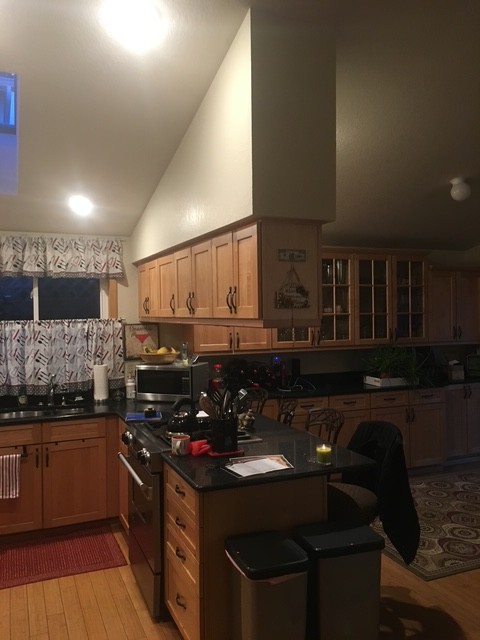 Original kitchen island and vent hood before remodel